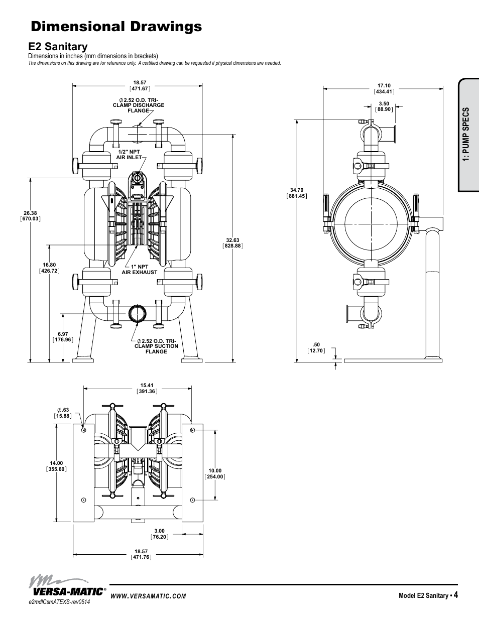Dimensional drawings, E2 sanitary, Model specific | Pump specs | Versa-Matic 2 Elima-Matic Sanitary - ATEX (E2) User Manual | Page 7 / 15