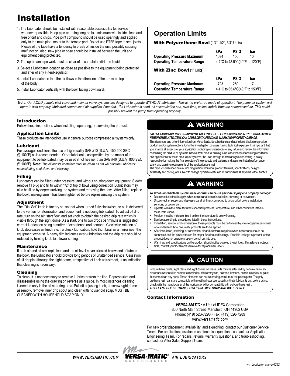 Installation, Operation limits, Caution | Warning | Versa-Matic Air Lubricators User Manual | Page 2 / 2