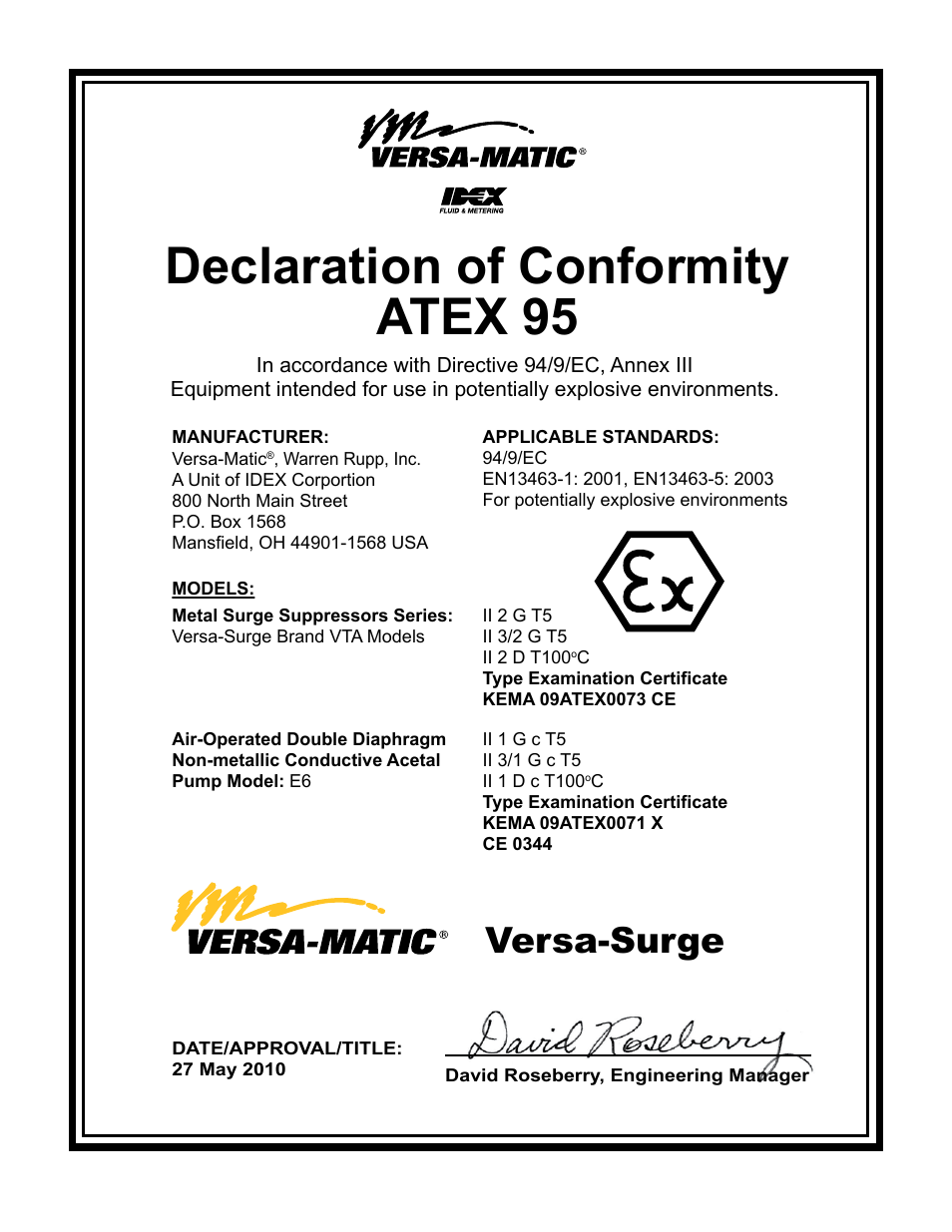 Declaration of conformity atex 95, Versa-surge | Versa-Matic Versa-Surge Surge Suppressors for Air-Driven Diaphragm Pumps Metallic User Manual | Page 17 / 17