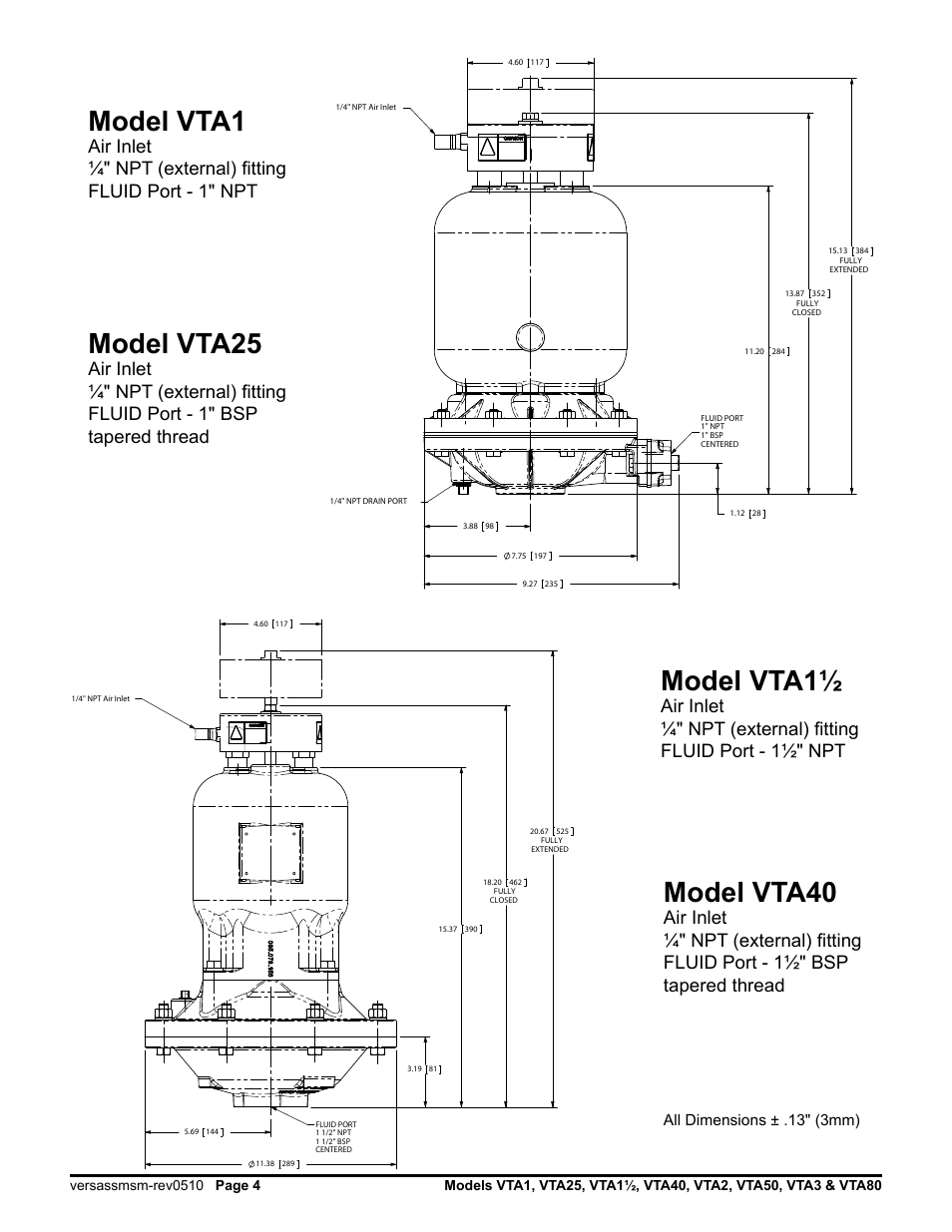 Model vta1, Model vta40, Model vta25 | Versa-Matic Versa-Surge Surge Suppressors for Air-Driven Diaphragm Pumps Metallic User Manual | Page 6 / 17