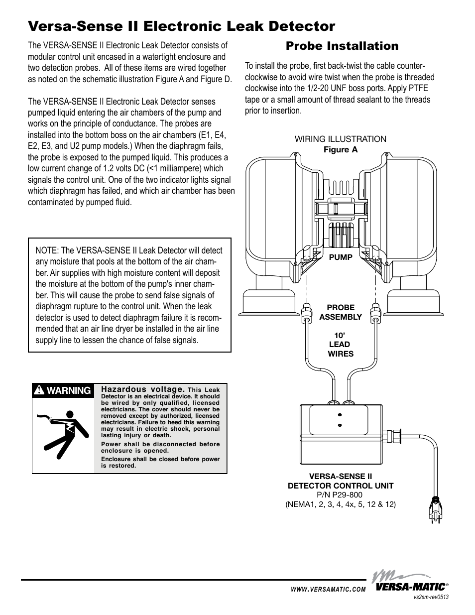 Versa-sense ii electronic leak detector, Probe installation, Outputs | Options conductivity, Warning, C6 c5 | Versa-Matic Versa-Sense II Electronic Leak Detector User Manual | Page 2 / 4