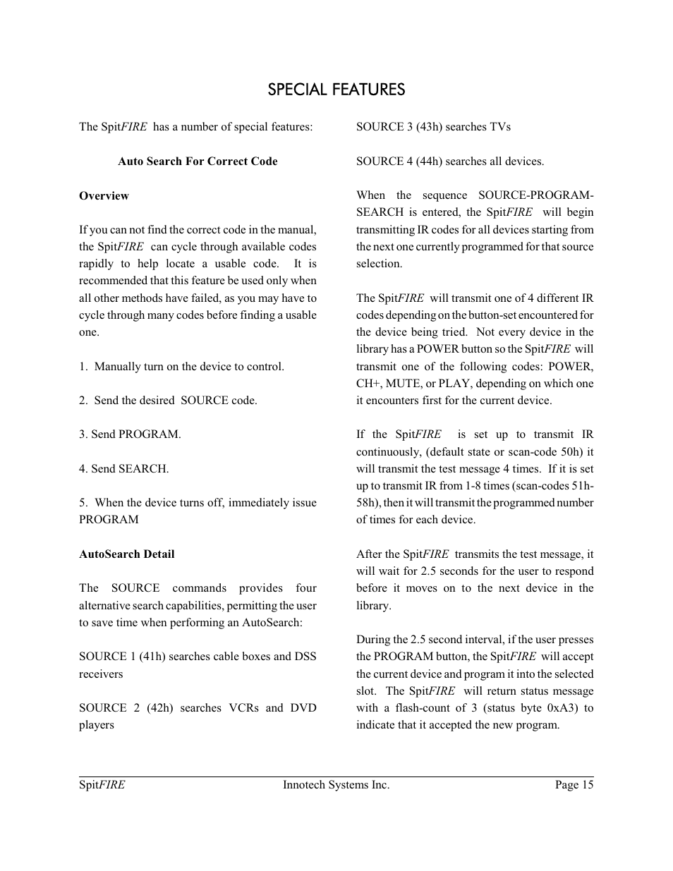 Special features | Innotech Systems SpitFIRE II User Manual | Page 15 / 20