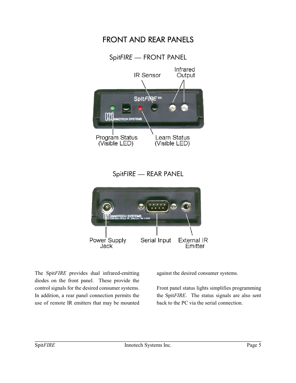 Front and rear panels | Innotech Systems SpitFIRE II User Manual | Page 5 / 20