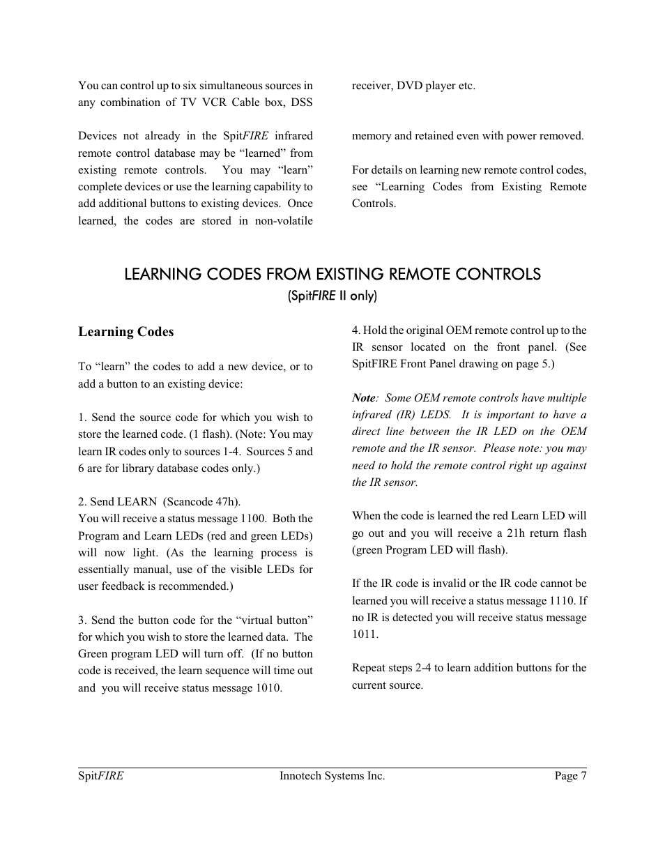 Learning codes from existing remote controls | Innotech Systems SpitFIRE II User Manual | Page 7 / 20