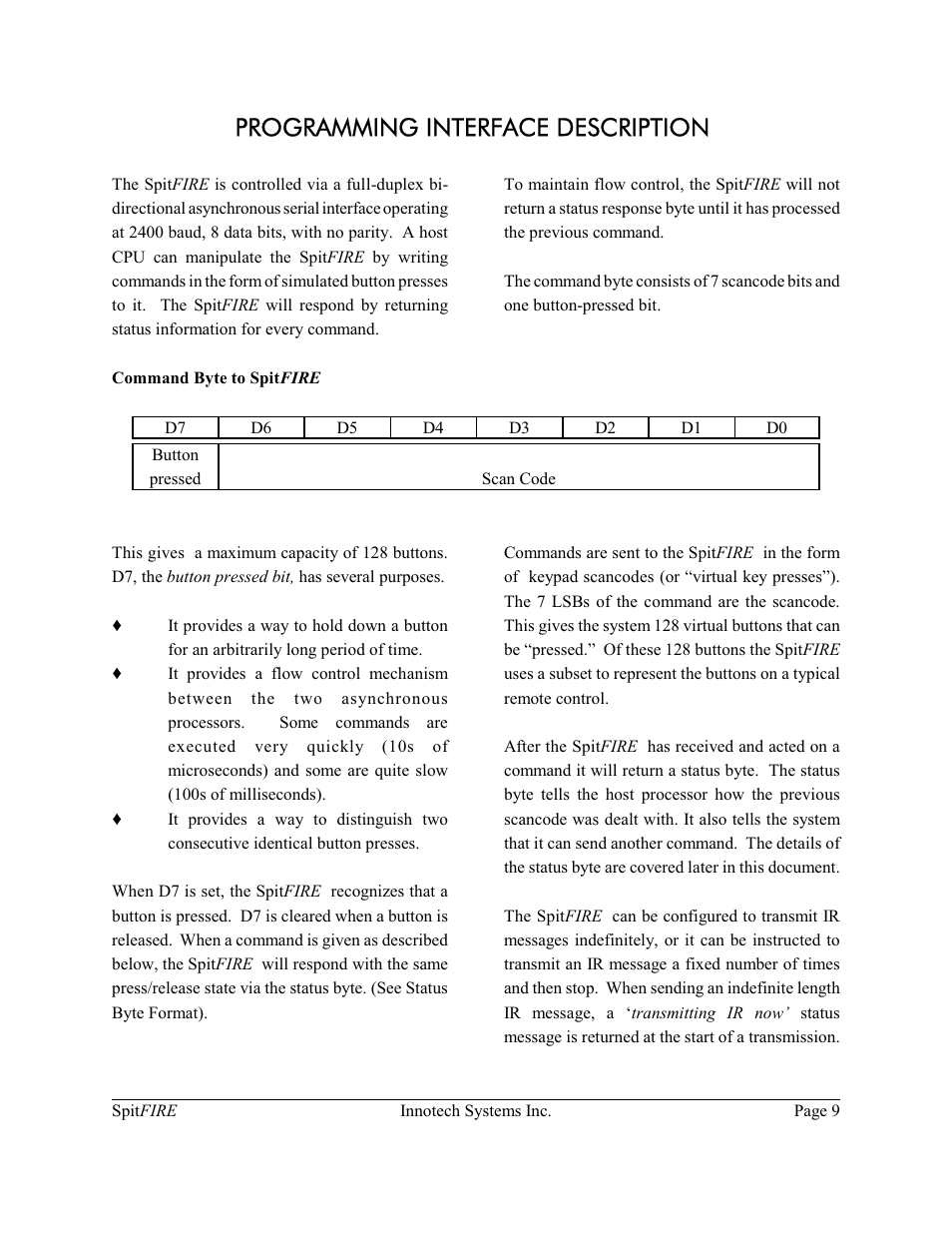 Programming interface description | Innotech Systems SpitFIRE II User Manual | Page 9 / 20