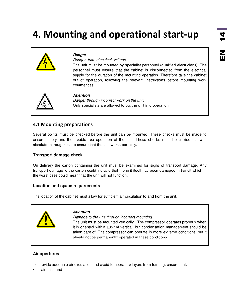 Mounting and operational start-up, En 1 4 | SEIFERT Variable Speed Air Conditioner KG 2025-24V User Manual | Page 14 / 24