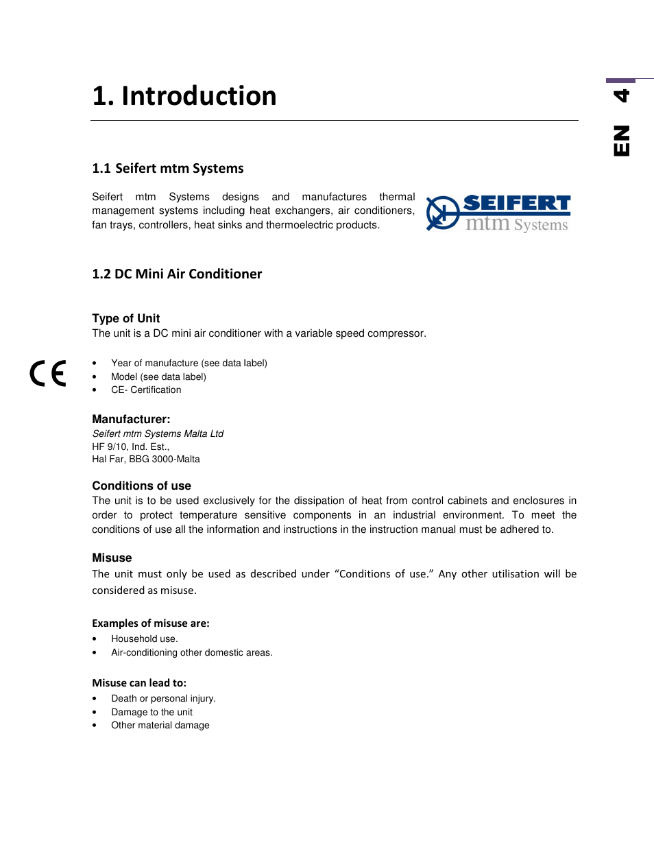 Introduction, En 4 | SEIFERT Variable Speed Air Conditioner KG 2025-24V User Manual | Page 4 / 24