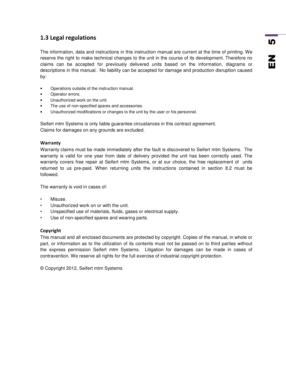 En 5, 3 legal regulations | SEIFERT Variable Speed Air Conditioner KG 2025-24V User Manual | Page 5 / 24