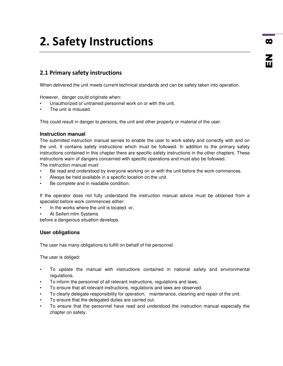 Safety instructions, En 8 | SEIFERT Variable Speed Air Conditioner KG 2025-24V User Manual | Page 8 / 24