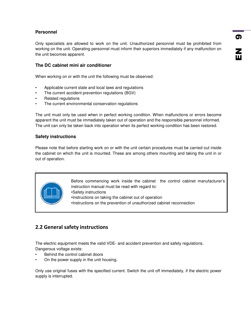 En 9, 2 general safety instructions, General safety instructions | SEIFERT Variable Speed Air Conditioner KG 2025-24V User Manual | Page 9 / 24