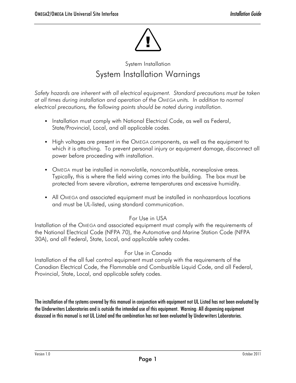 System installation warnings | Progressive International Electronics Omega2 User Manual | Page 5 / 16