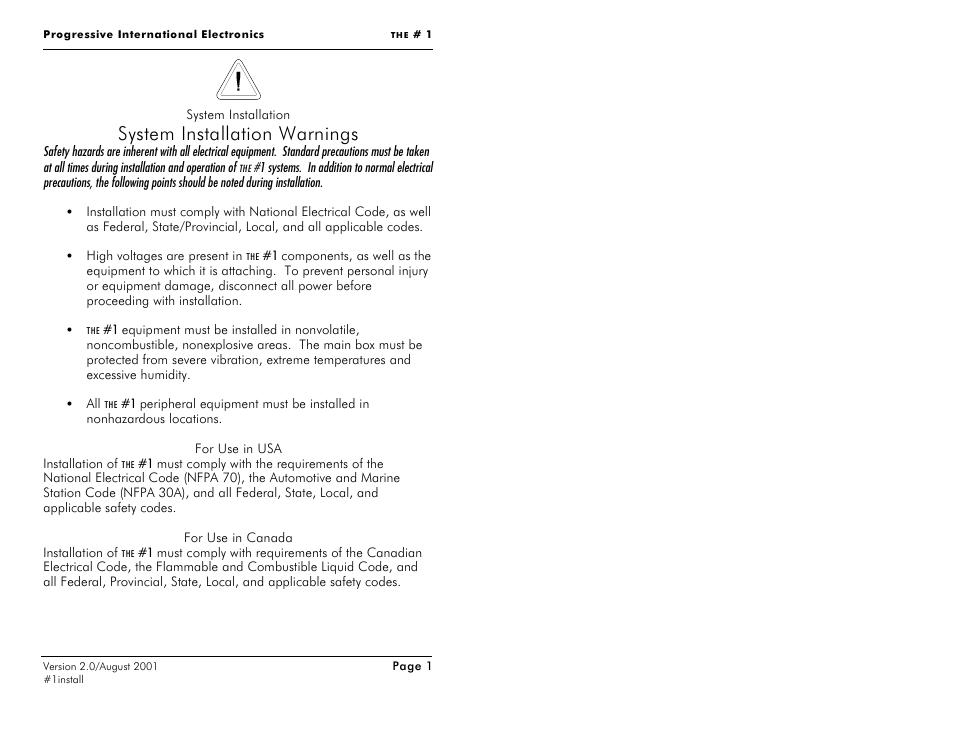 System installation warnings | Progressive International Electronics #1 User Manual | Page 8 / 19