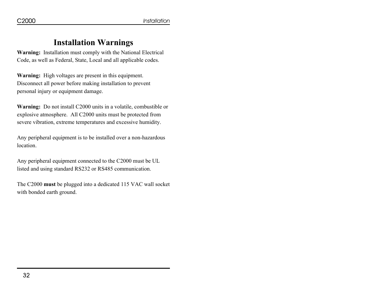 Installation warnings | Progressive International Electronics C2000 User Manual | Page 38 / 54