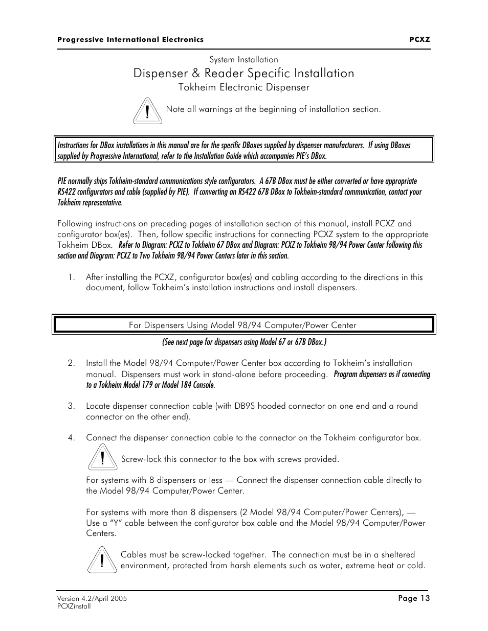 Dispenser & reader specific installation | Progressive International Electronics PCXZ User Manual | Page 21 / 55