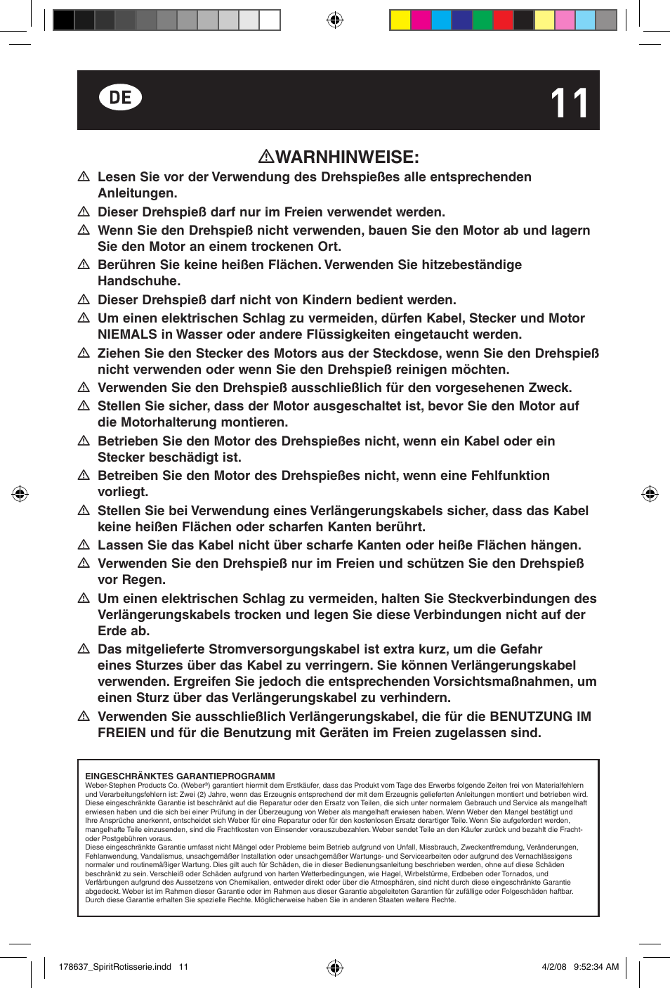 Warnhinweise | weber Drehspie? Spirit User Manual | Page 11 / 40