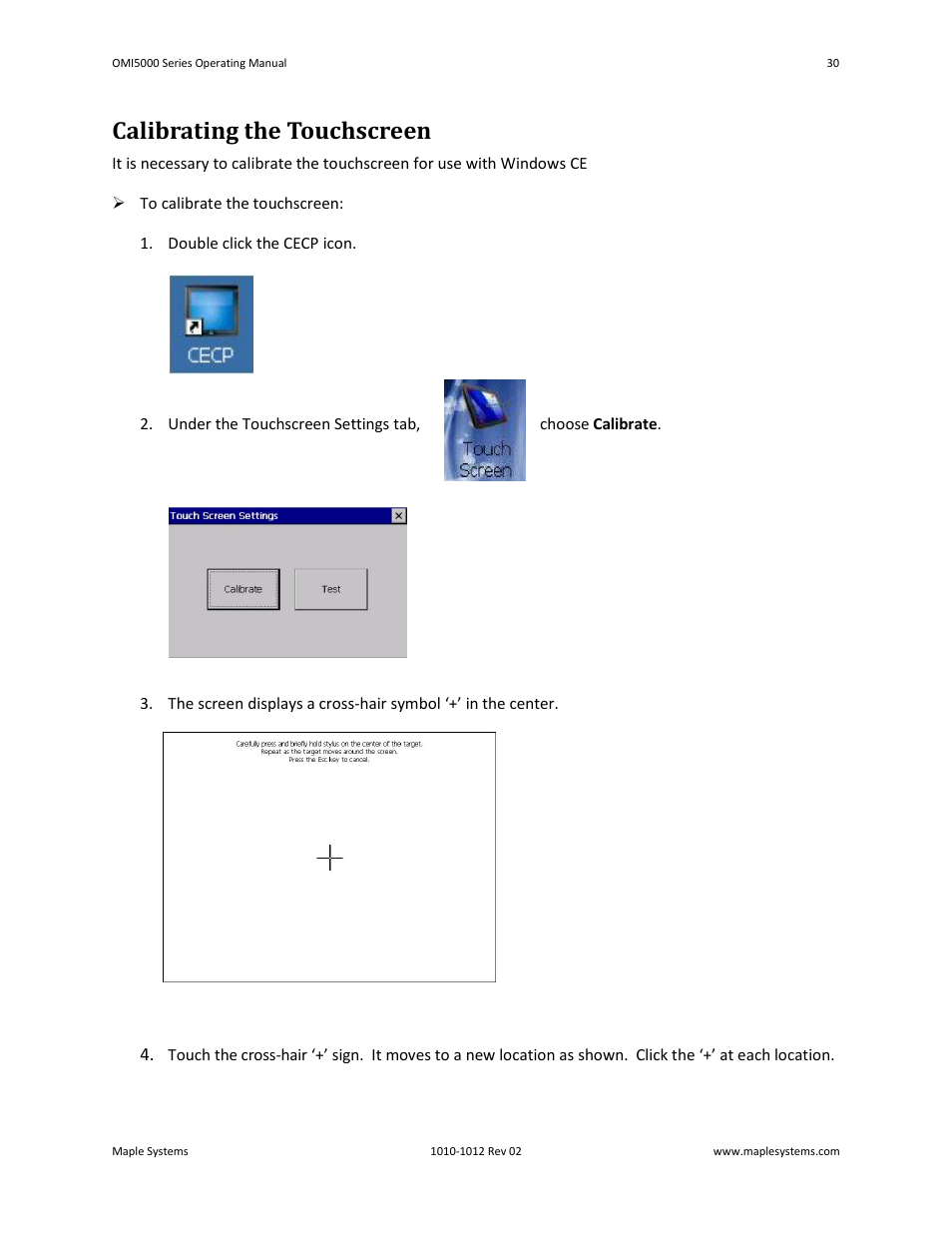 Calibrating the touchscreen | Maple Systems OMI5100A-CE User Manual | Page 34 / 38