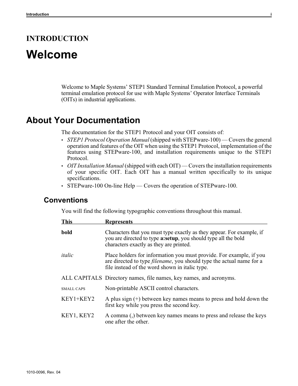 Welcome, About your documentation, Introduction | Conventions | Maple Systems STEPware-100 User Manual | Page 2 / 93