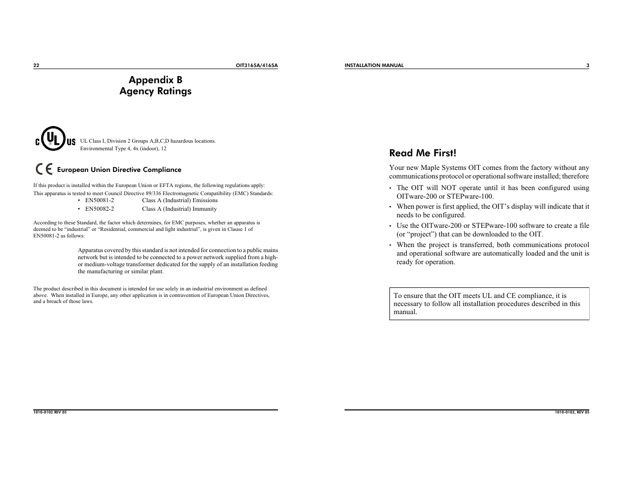 Appendix b agency ratings, Read me first | Maple Systems OIT4165A User Manual | Page 3 / 12