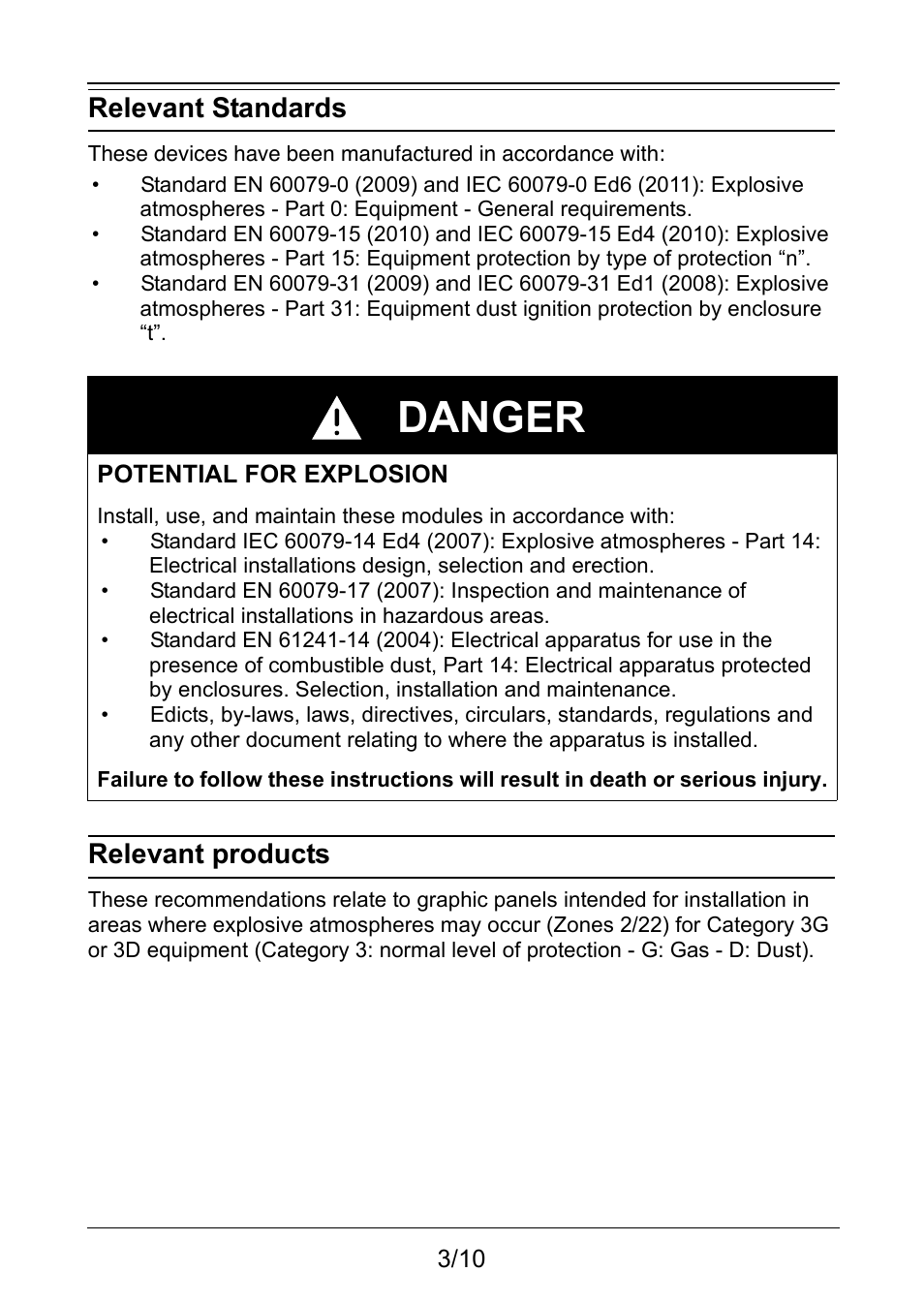 Relevant standards, Relevant products, Danger | Proface AGP3500 - 10.4 DIO HMI" User Manual | Page 3 / 10