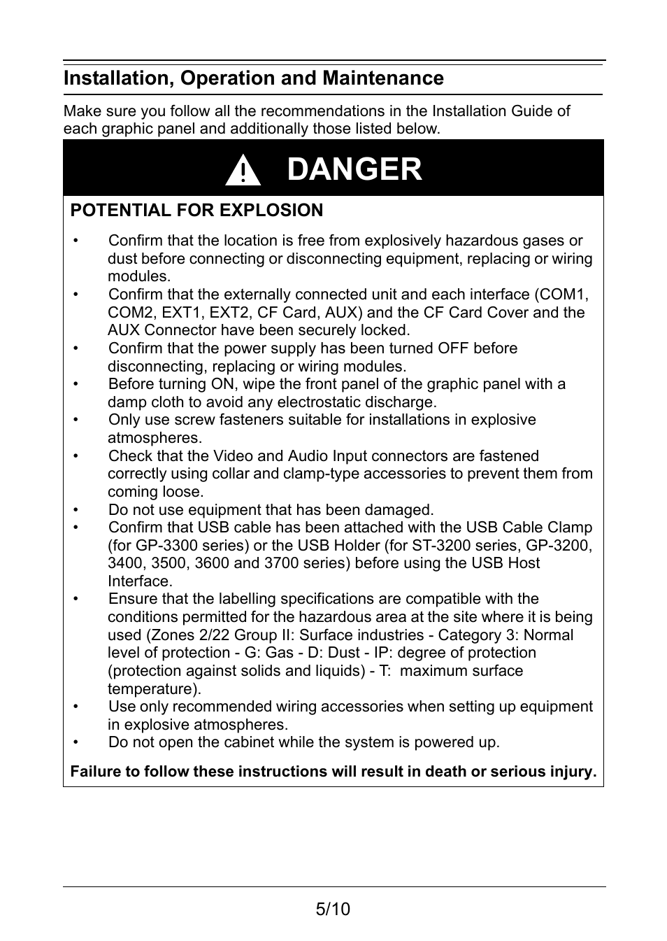 Installation, operation and maintenance, Danger | Proface AGP3500 - 10.4 DIO HMI" User Manual | Page 5 / 10