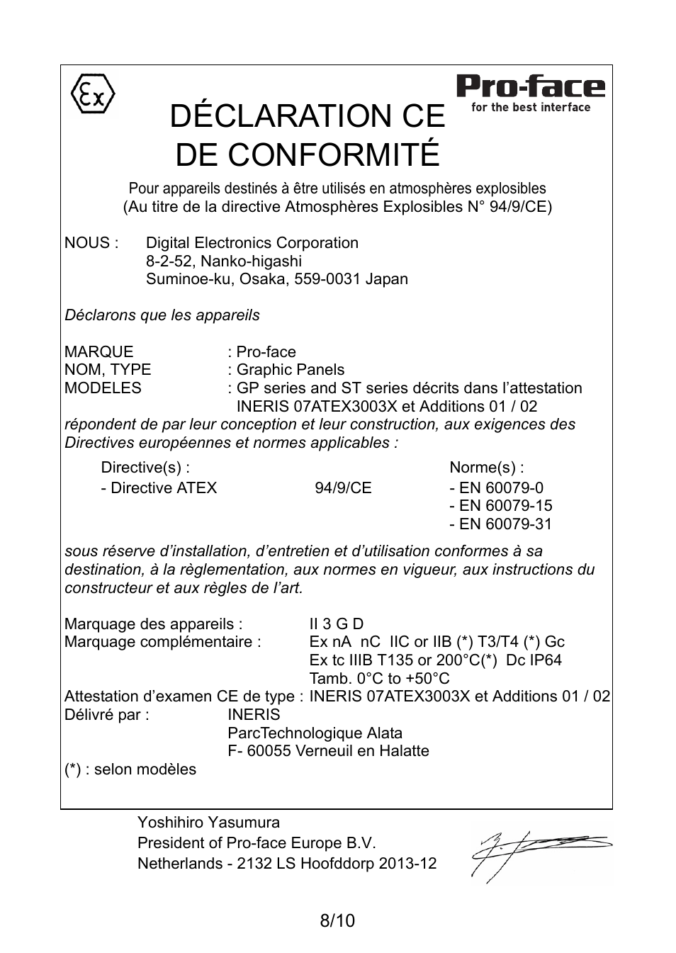 Déclaration ce de conformité | Proface AGP3500 - 10.4 DIO HMI" User Manual | Page 8 / 10