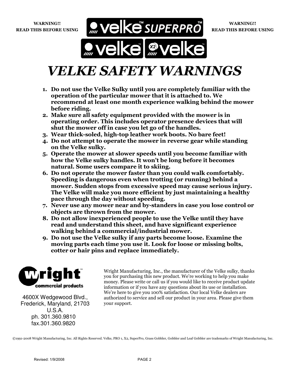 Velke sulky safety warnings, Velke safety warnings | Wright Velke Super Pro User Manual | Page 2 / 6