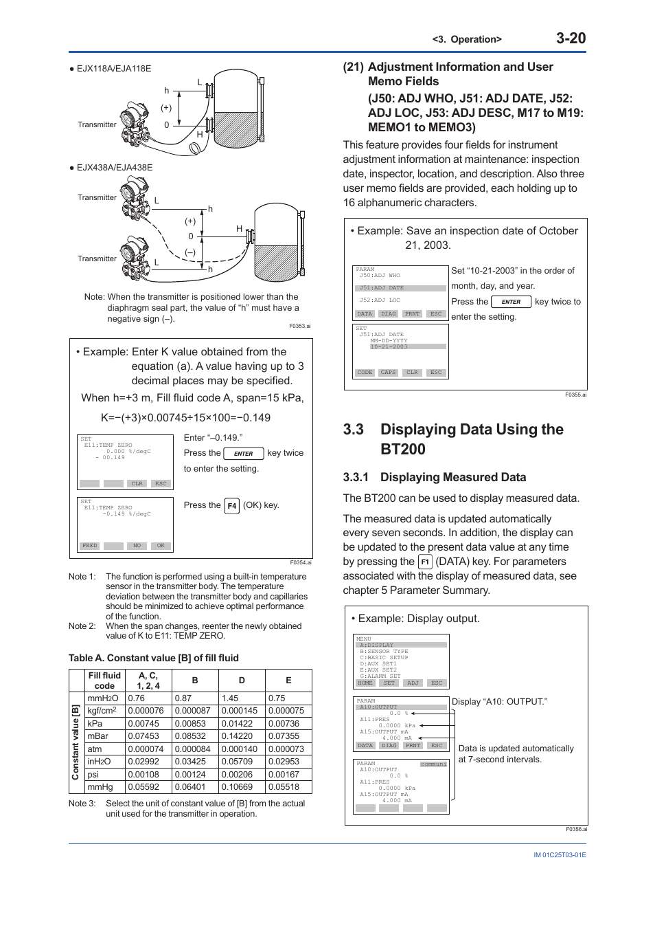 21) adjustment information and user memo fields, 3 displaying data using the bt200, 1 displaying measured data | Displaying data using the bt200 -20 3.3.1, Displaying measured data -20 | Yokogawa EJX115A User Manual | Page 28 / 41