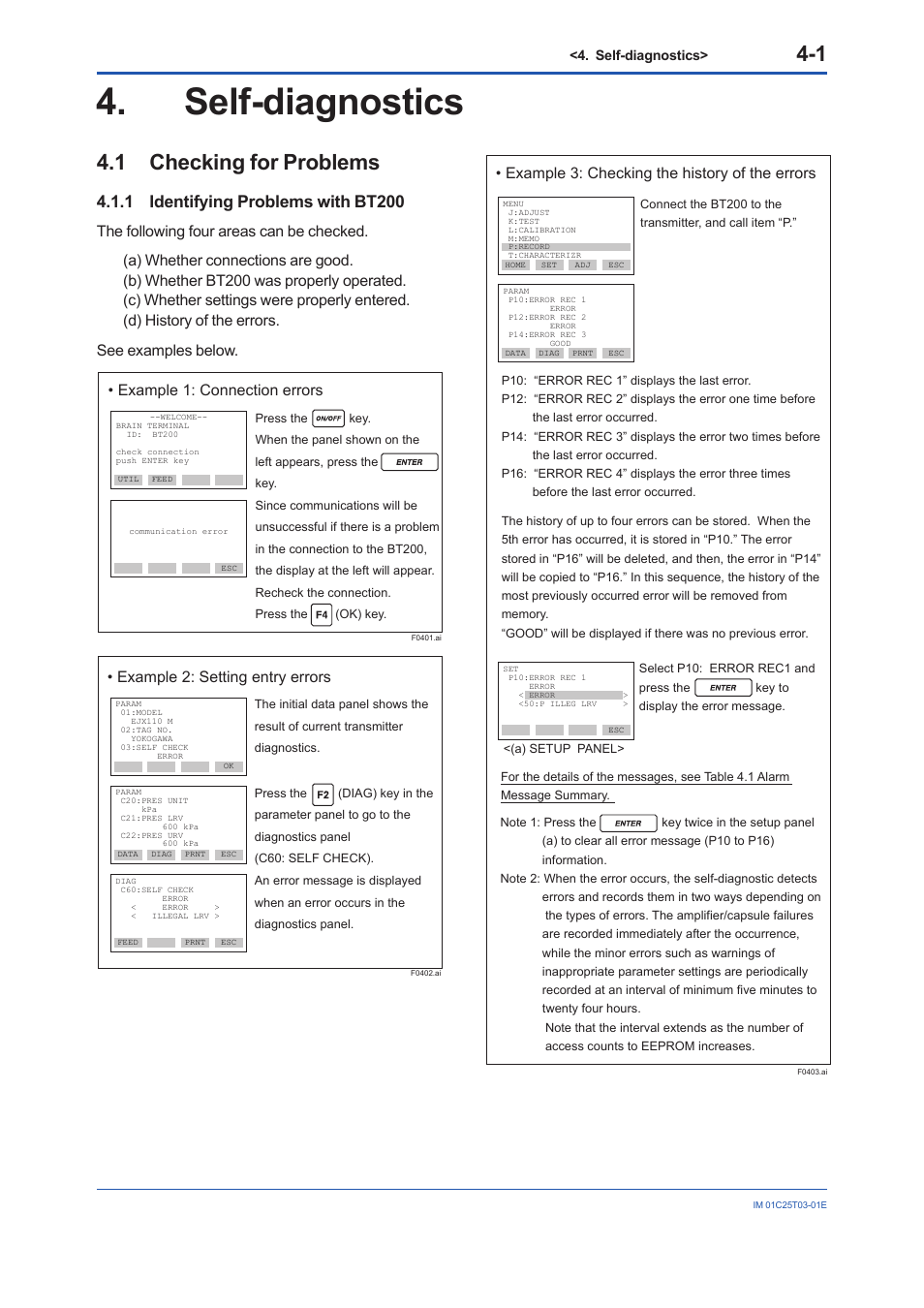 Self-diagnostics, 1 checking for problems, 1 identifying problems with bt200 | Self-diagnostics -1, Checking for problems -1 4.1.1, Identifying problems with bt200 -1, Example 2: setting entry errors, Example 3: checking the history of the errors | Yokogawa EJX115A User Manual | Page 30 / 41