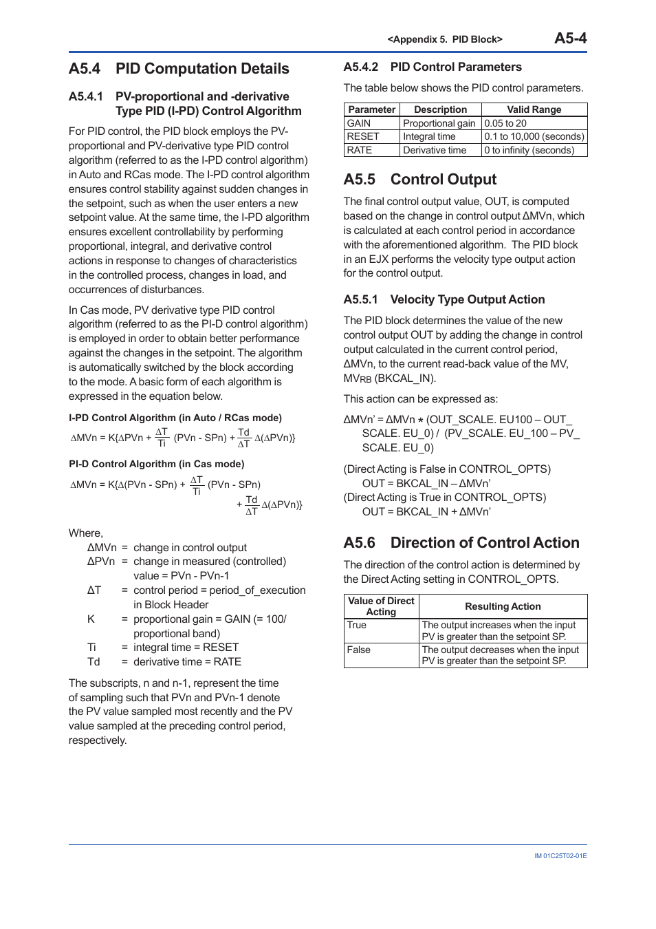 A5.4 pid computation details, A5.4.2 pid control parameters, A5.5 control output | A5.5.1 velocity type output action, A5.6 direction of control action, A5.4, A5-4, A5.4.2, A5.5, A5.6 | Yokogawa EJX930A User Manual | Page 122 / 170