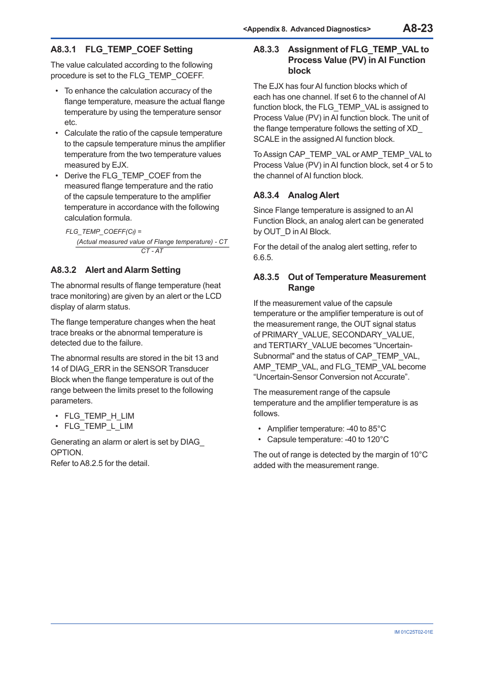 A8.3.1 flg_temp_coef setting, A8.3.2 alert and alarm setting, A8.3.4 analog alert | A8.3.5 out of temperature measurement range, A8.3.1, A8.3.2, A8.3.3, A8.3.4, A8.3.5, A8-23 | Yokogawa EJX930A User Manual | Page 167 / 170