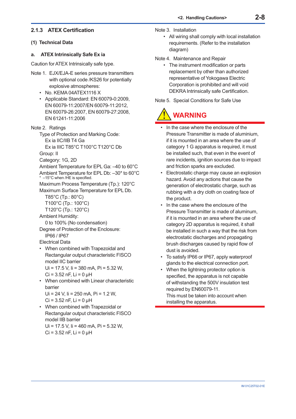 3 atex certification, Atex certification -8, Warning | Yokogawa EJX930A User Manual | Page 19 / 170