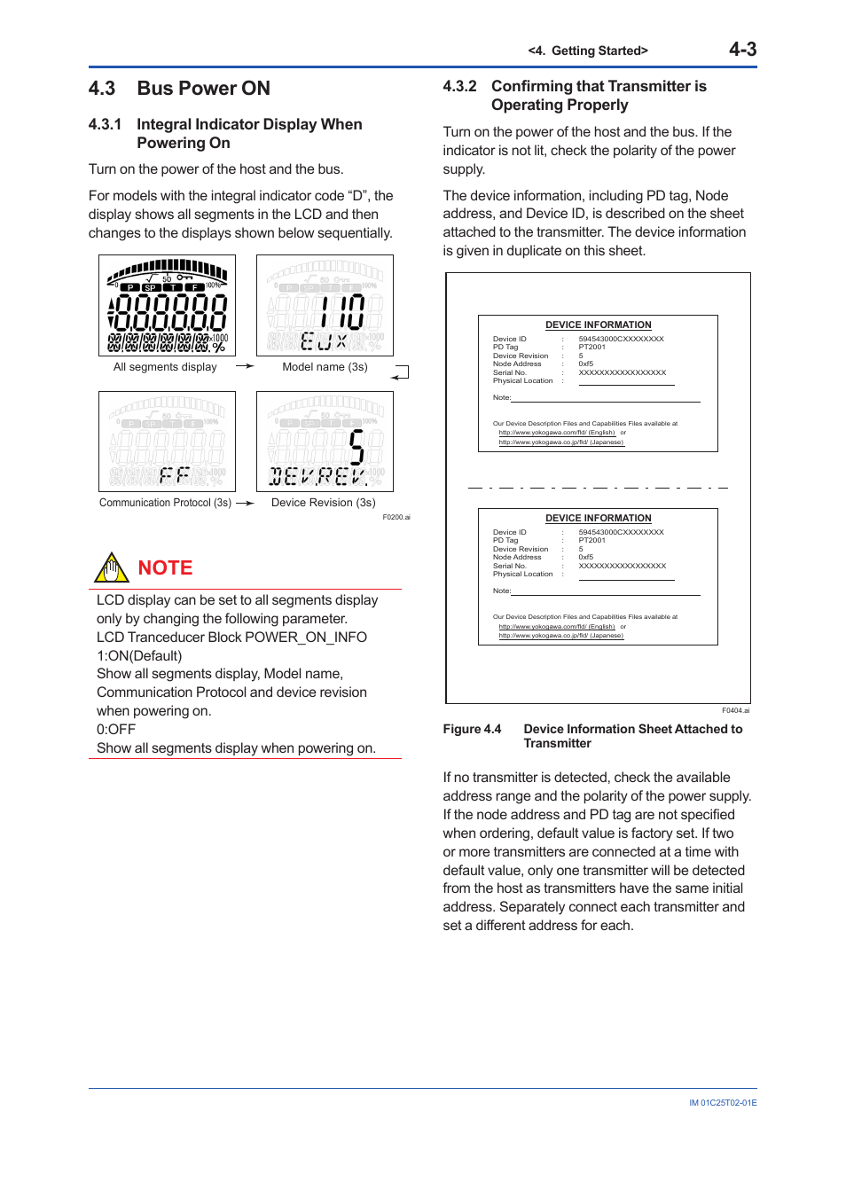 3 bus power on, 1 integral indicator display when powering on, Bus power on -3 4.3.1 | Integral indicator display when powering on -3 | Yokogawa EJX930A User Manual | Page 28 / 170