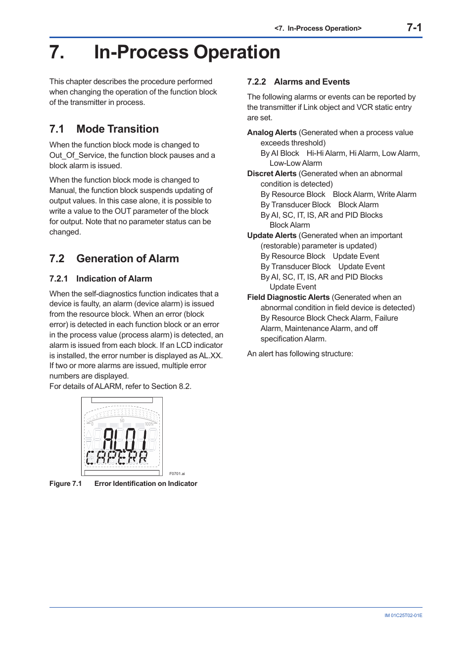 In-process operation, 1 mode transition, 2 generation of alarm | 1 indication of alarm, 2 alarms and events, In-process operation -1, Mode transition -1, Generation of alarm -1, Indication of alarm -1, Alarms and events -1 | Yokogawa EJX930A User Manual | Page 53 / 170