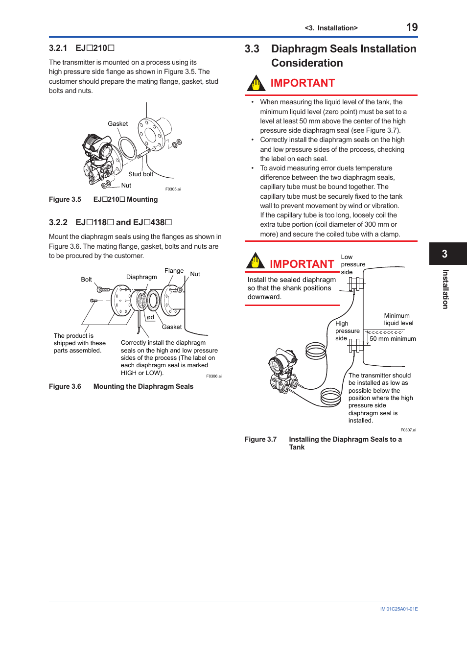 3 diaphragm seals installation consideration, Diaphragm seals installation consideration, Important | Yokogawa EJX115A User Manual | Page 21 / 52