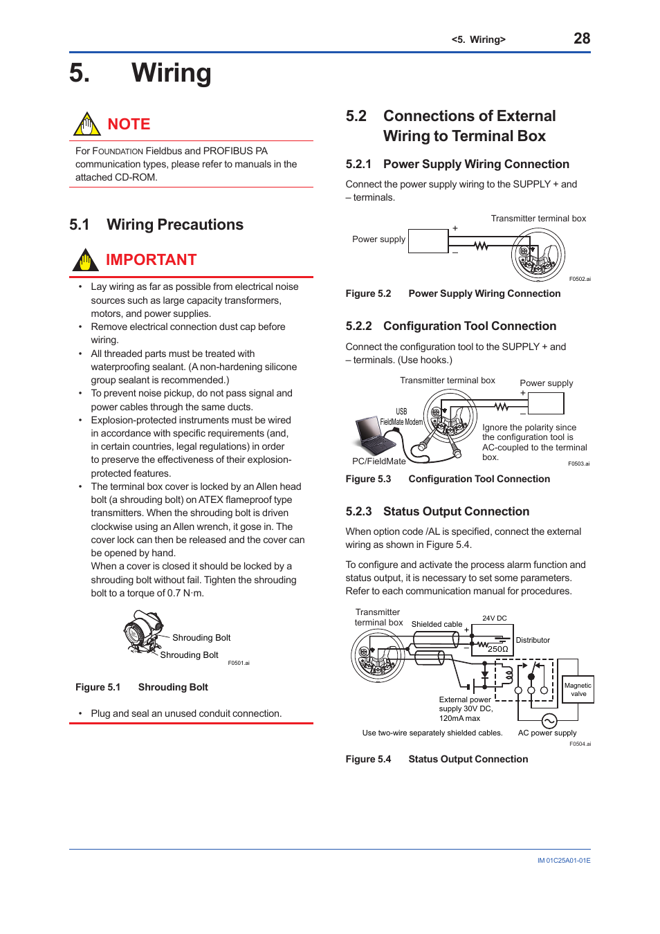 Wiring, 1 wiring precautions, 2 connections of external wiring to terminal box | Wiring precautions, Connections of external wiring to terminal box, 1 wiring precautions important, 1 power supply wiring connection, 2 configuration tool connection, 3 status output connection | Yokogawa EJX115A User Manual | Page 30 / 52