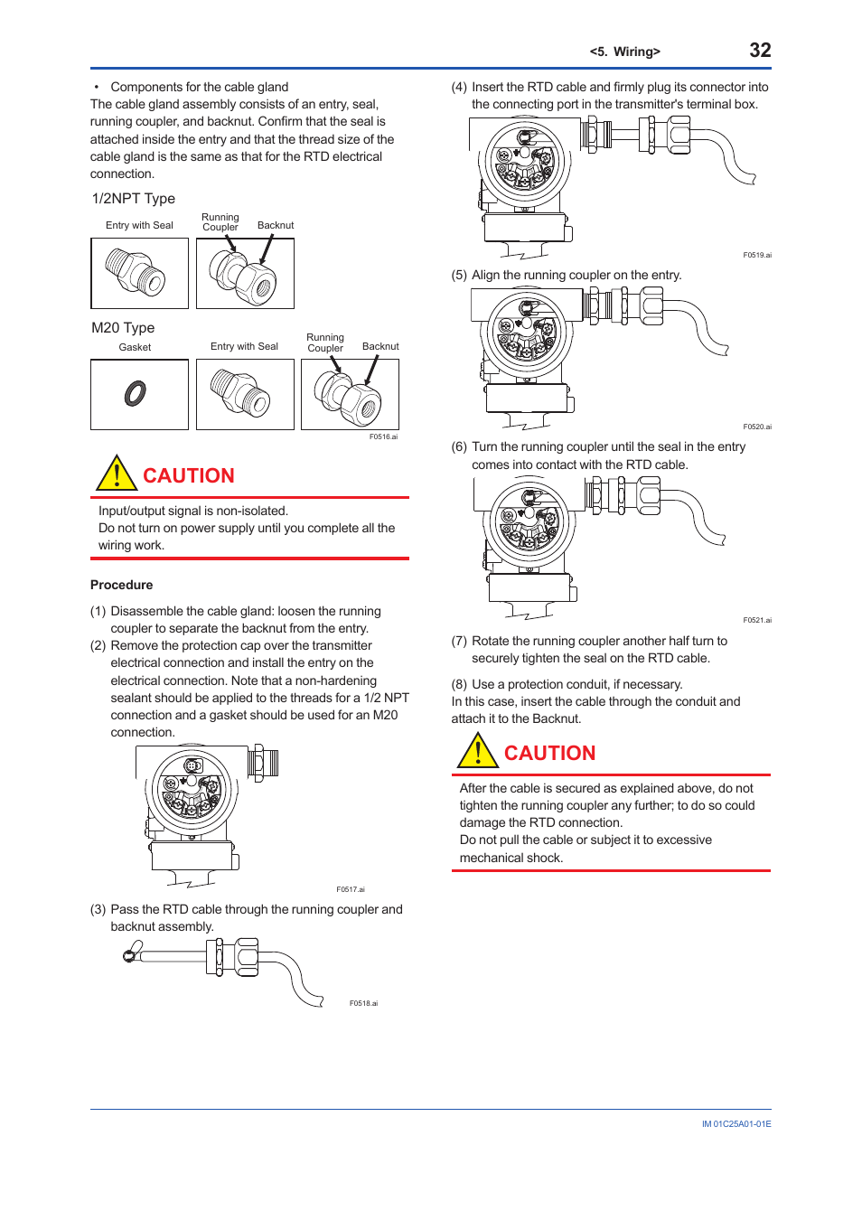 Caution, 1/2npt type m20 type, Wiring | 5) align the running coupler on the entry | Yokogawa EJX115A User Manual | Page 34 / 52