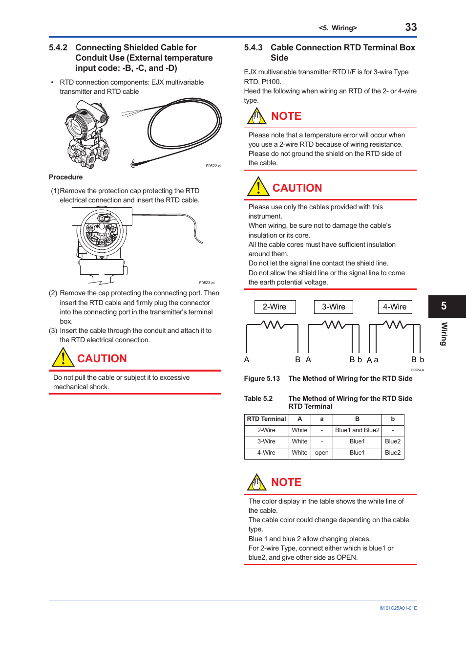 Caution, 3 cable connection rtd terminal box side | Yokogawa EJX115A User Manual | Page 35 / 52