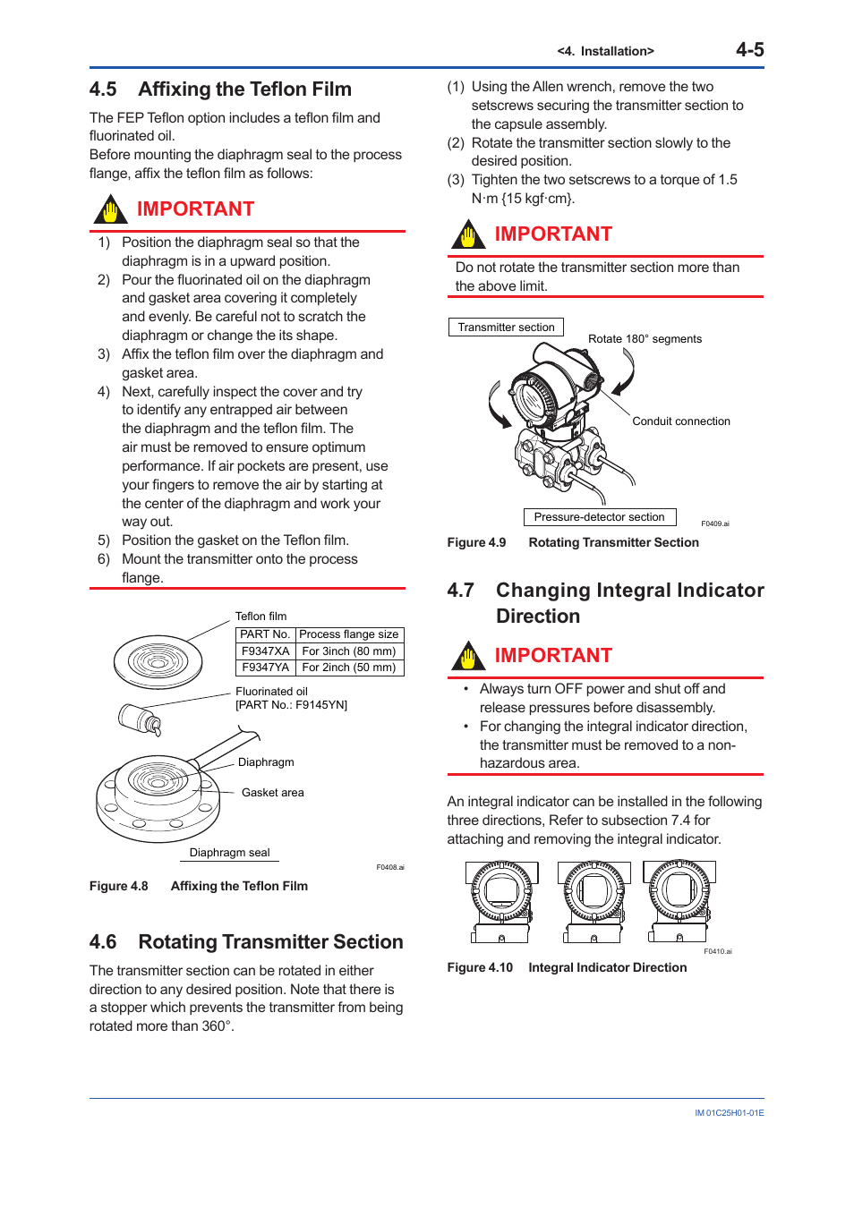5 affixing the teflon film, 6 rotating transmitter section, 7 changing integral indicator direction | Affixing the teflon film -5, Rotating transmitter section -5, Changing integral indicator direction -5, Important, 7 changing integral indicator direction important | Yokogawa EJX118A User Manual | Page 27 / 64