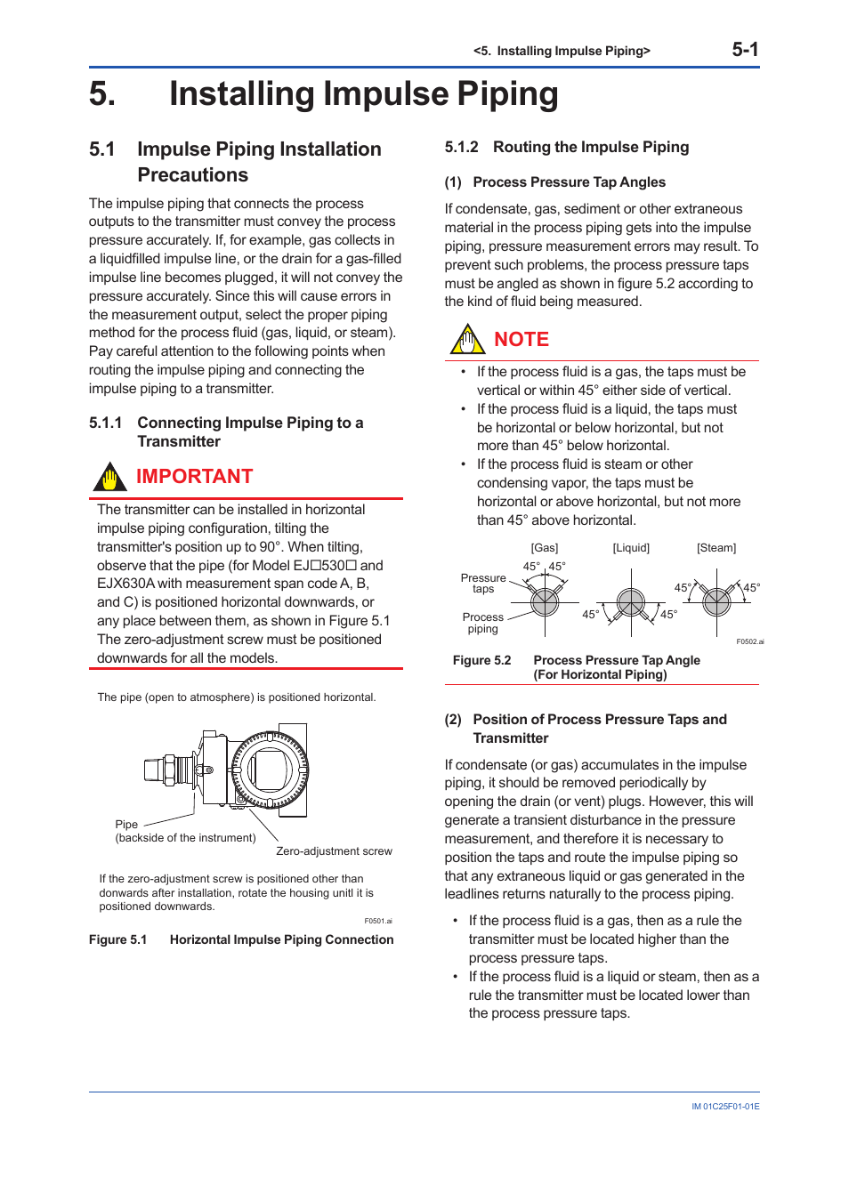 Installing impulse piping, 1 impulse piping installation precautions, 1 connecting impulse piping to a transmitter | 2 routing the impulse piping, Installing impulse piping -1, Impulse piping installation precautions -1 5.1.1, Connecting impulse piping to a transmitter -1, Routing the impulse piping -1, Important | Yokogawa EJA530E User Manual | Page 24 / 52