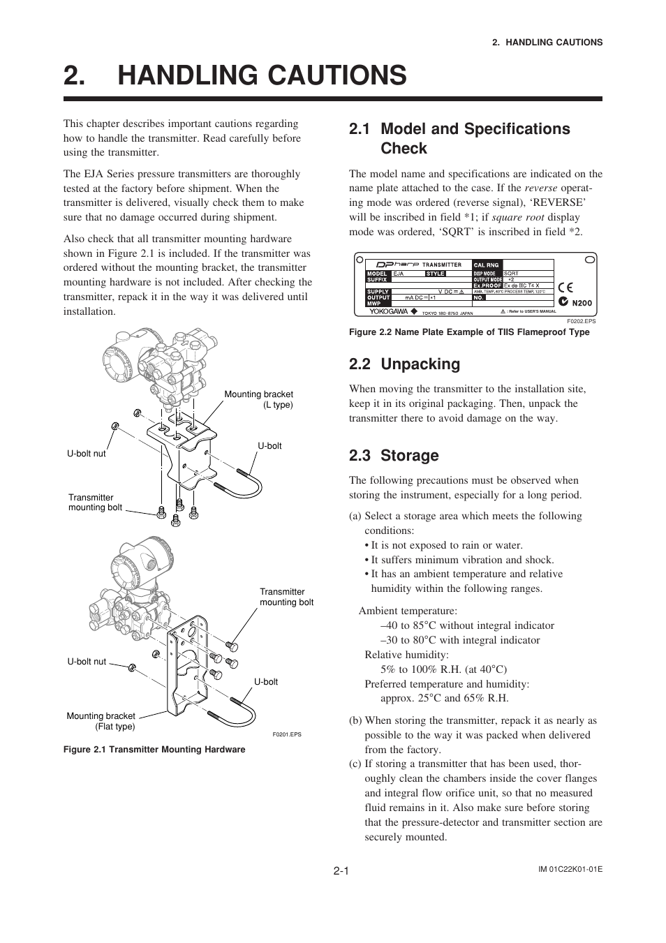 Handling cautions, 1 model and specifications check, 2 unpacking | 3 storage, Handling cautions -1, Model and specifications check -1, Unpacking -1, Storage -1 | Yokogawa EJA115 User Manual | Page 9 / 85