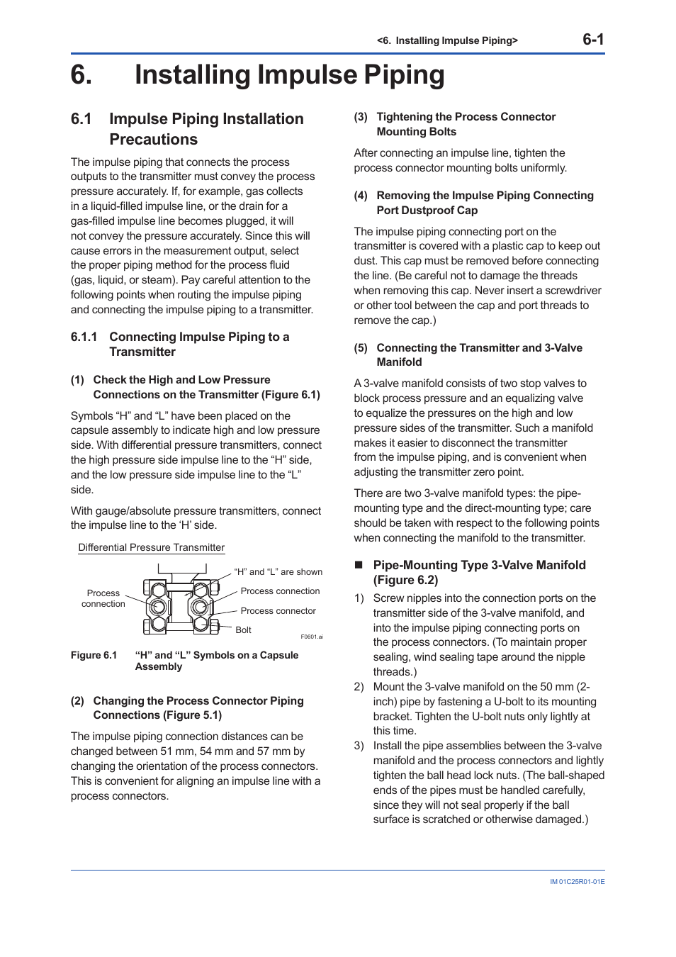 Installing impulse piping, 1 impulse piping installation precautions, 1 connecting impulse piping to a transmitter | Installing impulse piping -1, Impulse piping installation precautions -1 6.1.1, Connecting impulse piping to a transmitter -1 | Yokogawa EJX930A User Manual | Page 34 / 83