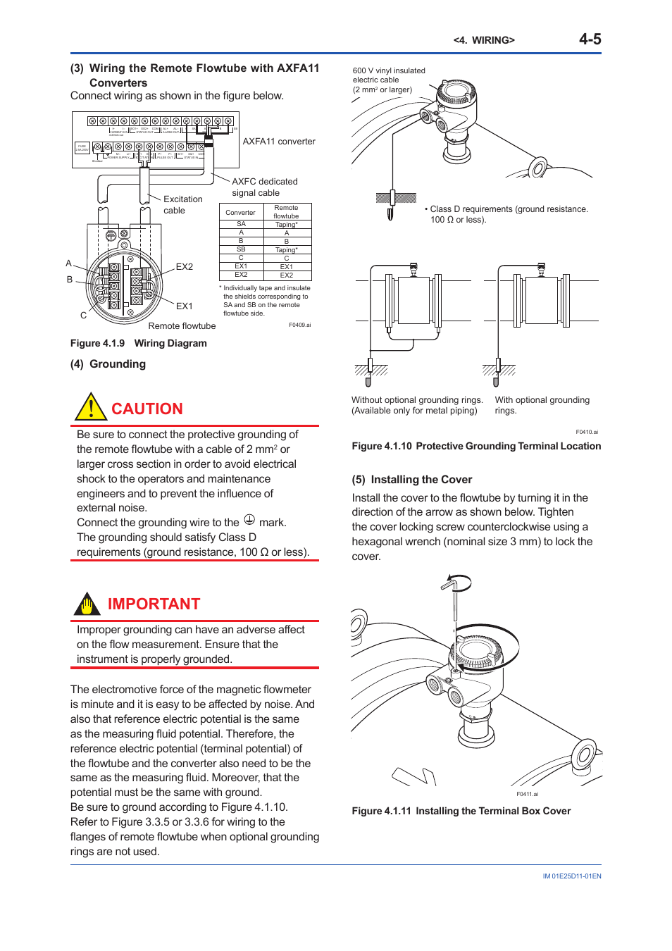 Caution, Important, 4) grounding | Wiring, Figure 4.1.9 wiring diagram, Figure 4.1.11 installing the terminal box cover | Yokogawa ADMAG AXW User Manual | Page 24 / 52