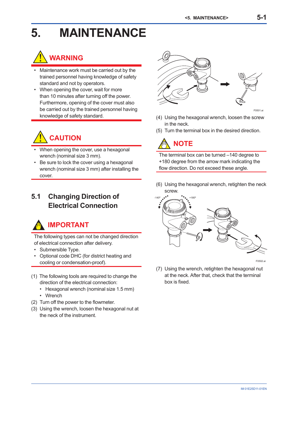 Maintenance, 1 changing direction of electrical connection, Maintenance -1 | Changing direction of electrical connection -1, Warning, Caution | Yokogawa ADMAG AXW User Manual | Page 26 / 52