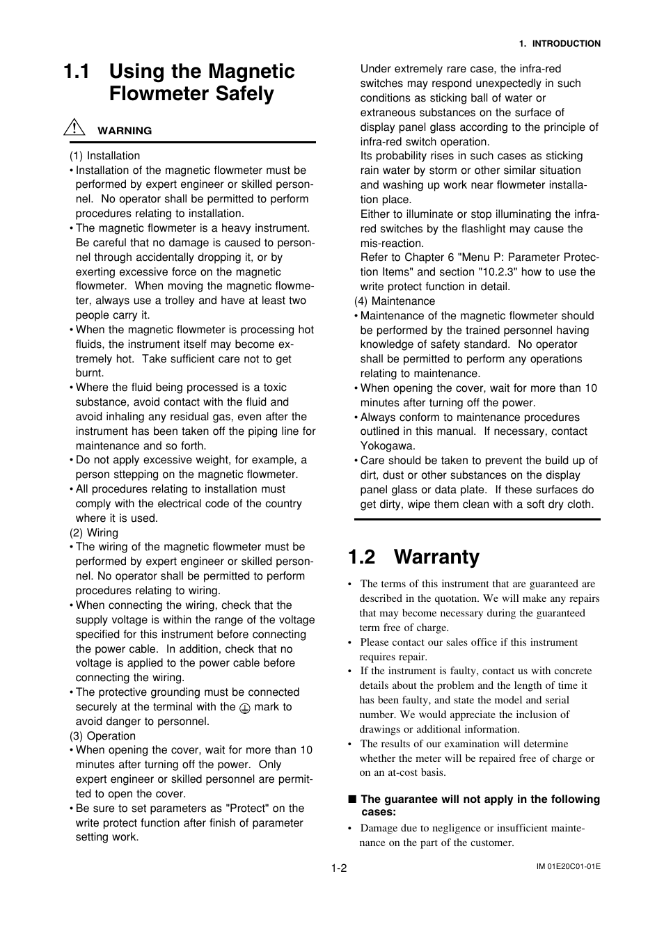 1 using the magneticflowmeter safely, 2 warranty, Using the magnetic flowmeter safely -2 | Warranty -2, 1 using the magnetic flowmeter safely | Yokogawa ADMAG AXF User Manual | Page 6 / 112