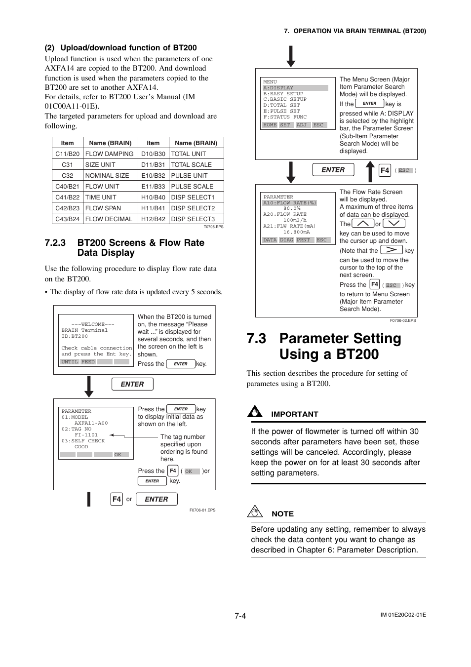 3 bt200 screens & flow ratedata display, 3 parameter settingusing a bt200, Bt200 screens & flow rate data display -4 | Parameter setting using a bt200 -4, 3 parameter setting using a bt200, 3 bt200 screens & flow rate data display | Yokogawa AXFA14G/C User Manual | Page 73 / 123