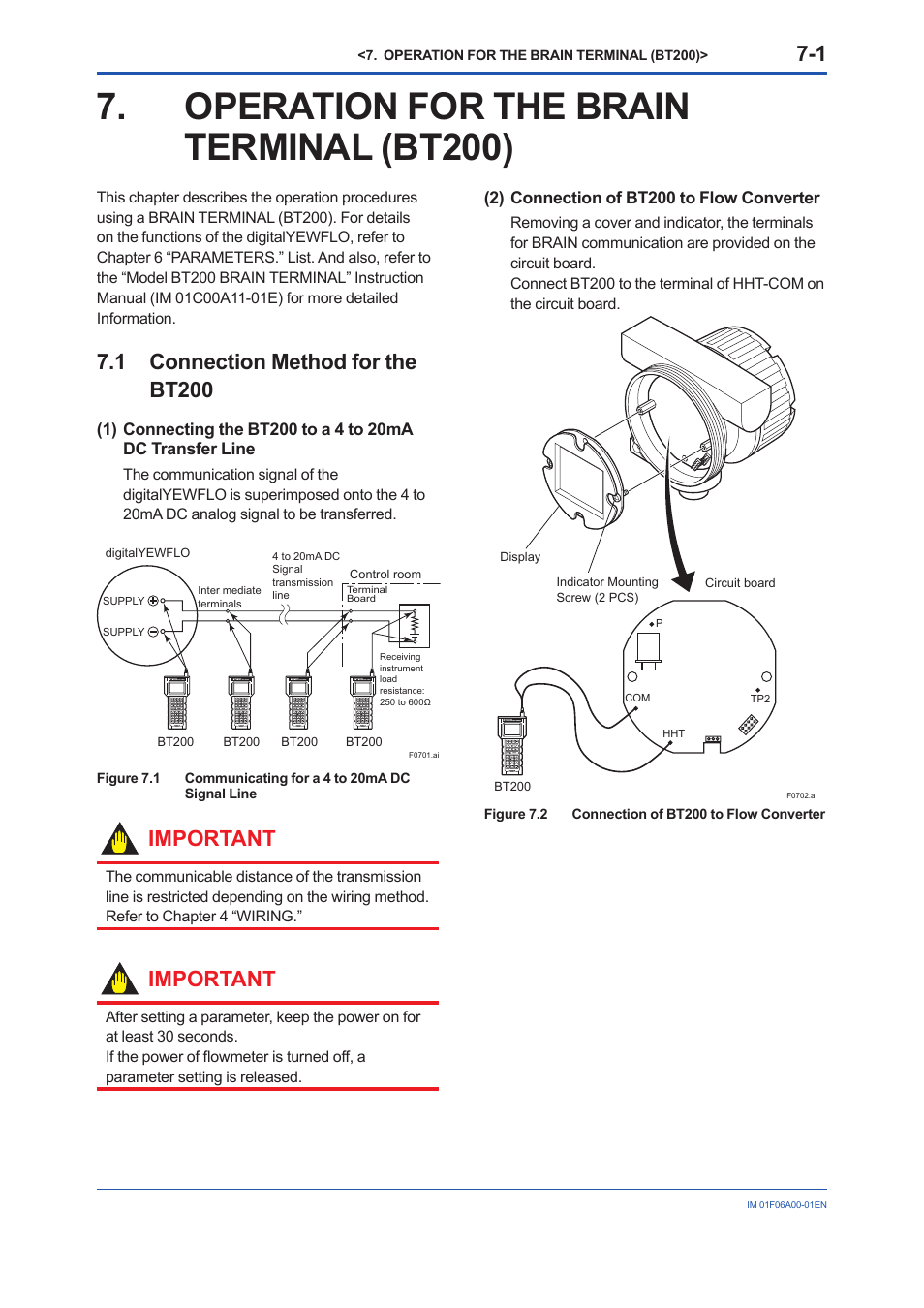 Operation for the brain terminal (bt200), 1 connection method for the bt200, Operation for the brain terminal (bt200) -1 | Connection method for the bt200 -1, Important | Yokogawa digitalYEWFLO (DY) User Manual | Page 57 / 173