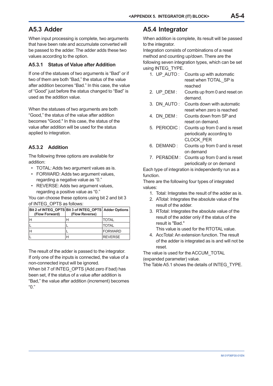A5.3 adder, A5.3.1 status of value after addition, A5.3.2 addition | A5.4 integrator, A5-4, A5.3.1 | Yokogawa digitalYEWFLO (DY-FF) User Manual | Page 100 / 168