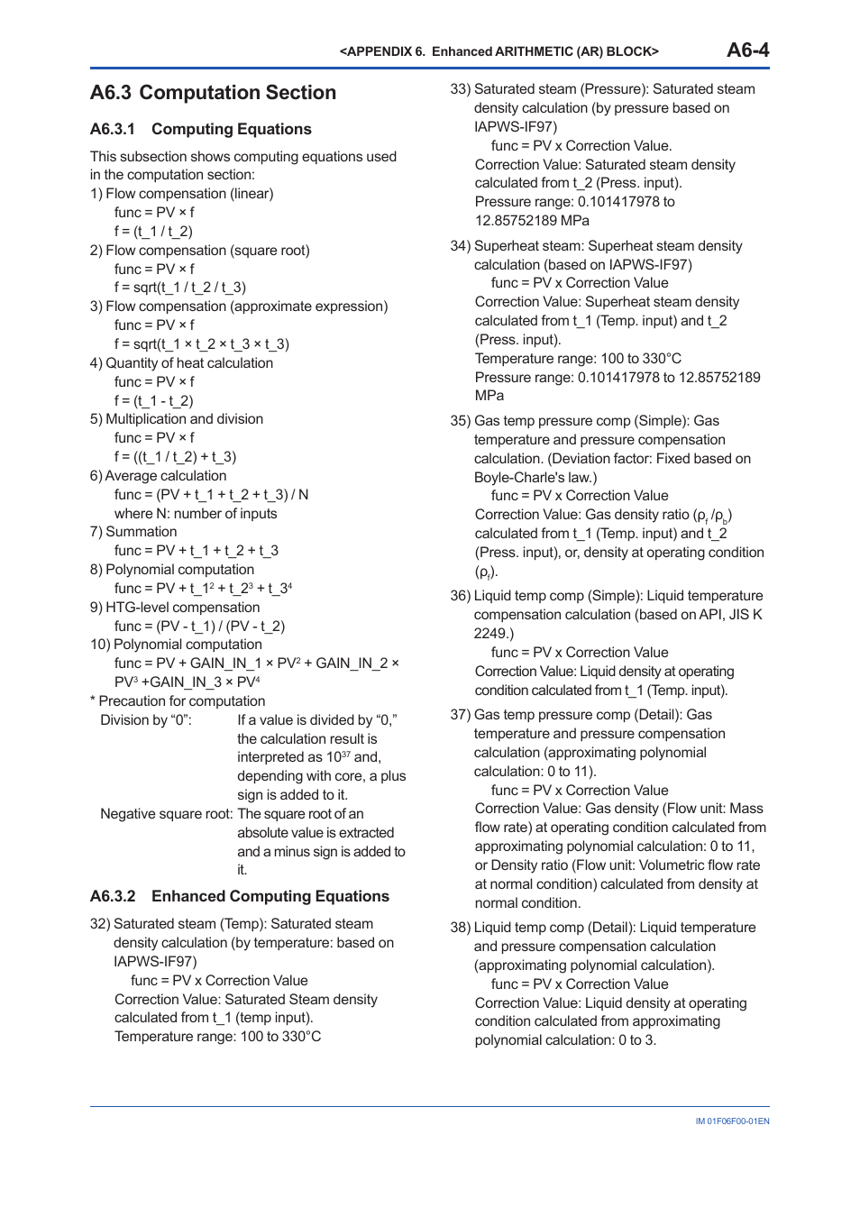 A6.3 computation section, A6.3.1 computing equations, A6.3.2 enhanced computing equations | A6.3, A6.3.2, A6-4 | Yokogawa digitalYEWFLO (DY-FF) User Manual | Page 111 / 168