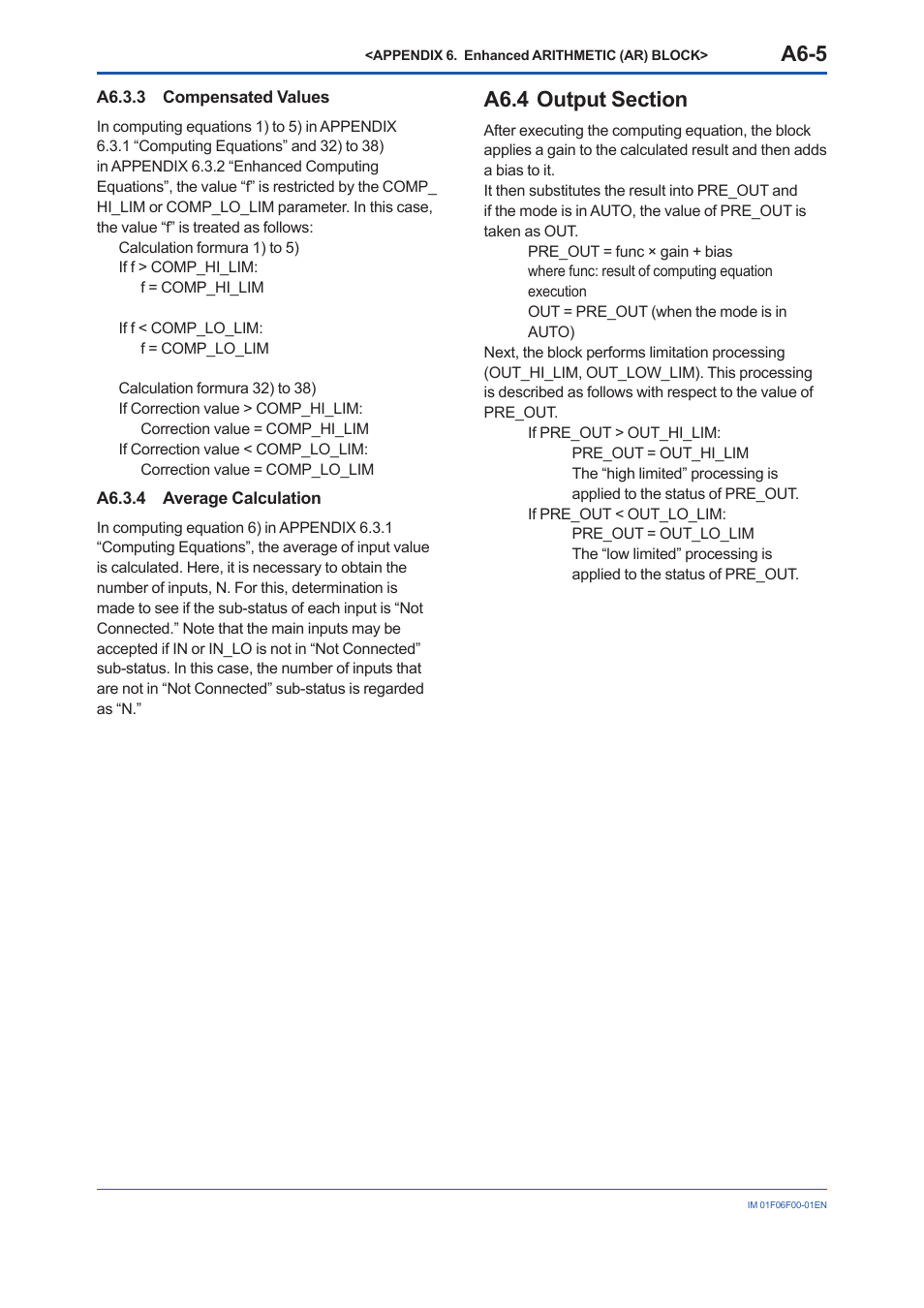 A6.3.3 compensated values, A6.3.4 average calculation, A6.4 output section | A6.3.3 compensated, Values, A6-5, A6.3.4, A6.4 | Yokogawa digitalYEWFLO (DY-FF) User Manual | Page 112 / 168