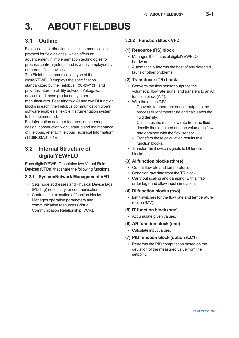 About fieldbus, 1 outline, 2 internal structure of digitalyewflo | 1 system/network management vfd, 2 function block vfd, About, Fieldbus, Internal structure of digitalyewflo -1 3.2.1, System/network management vfd -1, Function block vfd -1 | Yokogawa digitalYEWFLO (DY-FF) User Manual | Page 12 / 168